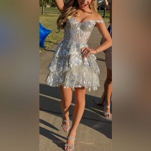 Sherri Hill 55785 Silver Sequin Off-Shoulder Dress